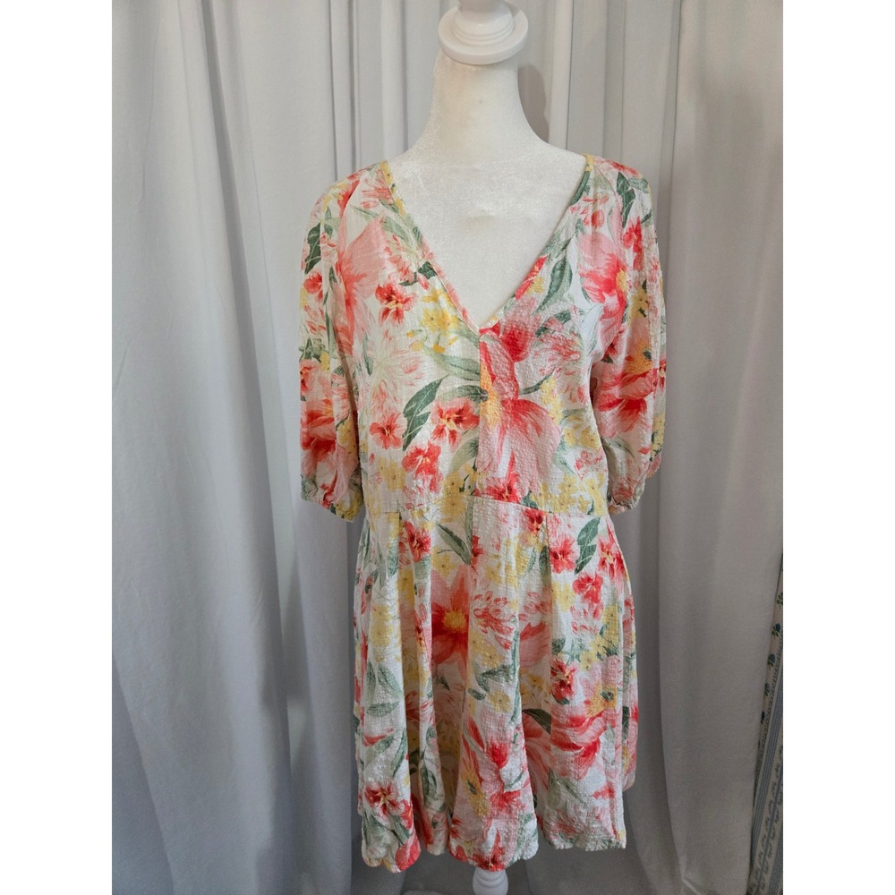 HM Floral V-Neck Mini Dress Pink Yellow Cotton Viscose Puff Sleeve Size M